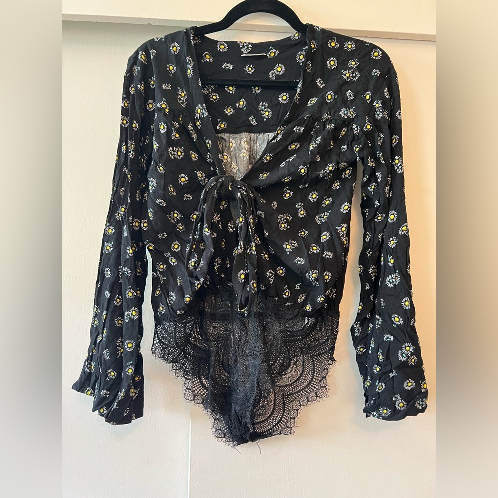 Free People Black LongSleeved Daisy Bodysuit Blouse S